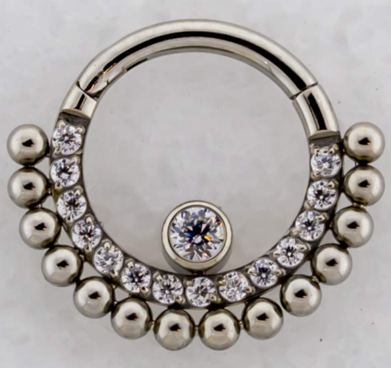 TITANIUM HINGED RING WITH PRONG SET CLEAR GEMS WITH BEADS (5/16") CLEAR