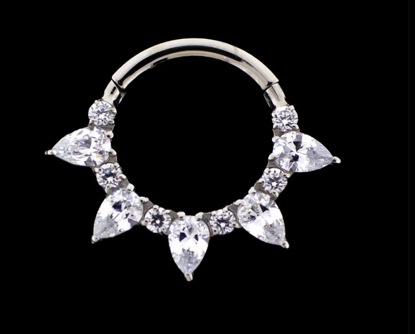 16G Titanium Hinged Ring With Pear and Round Prong Set Gems (5/16")