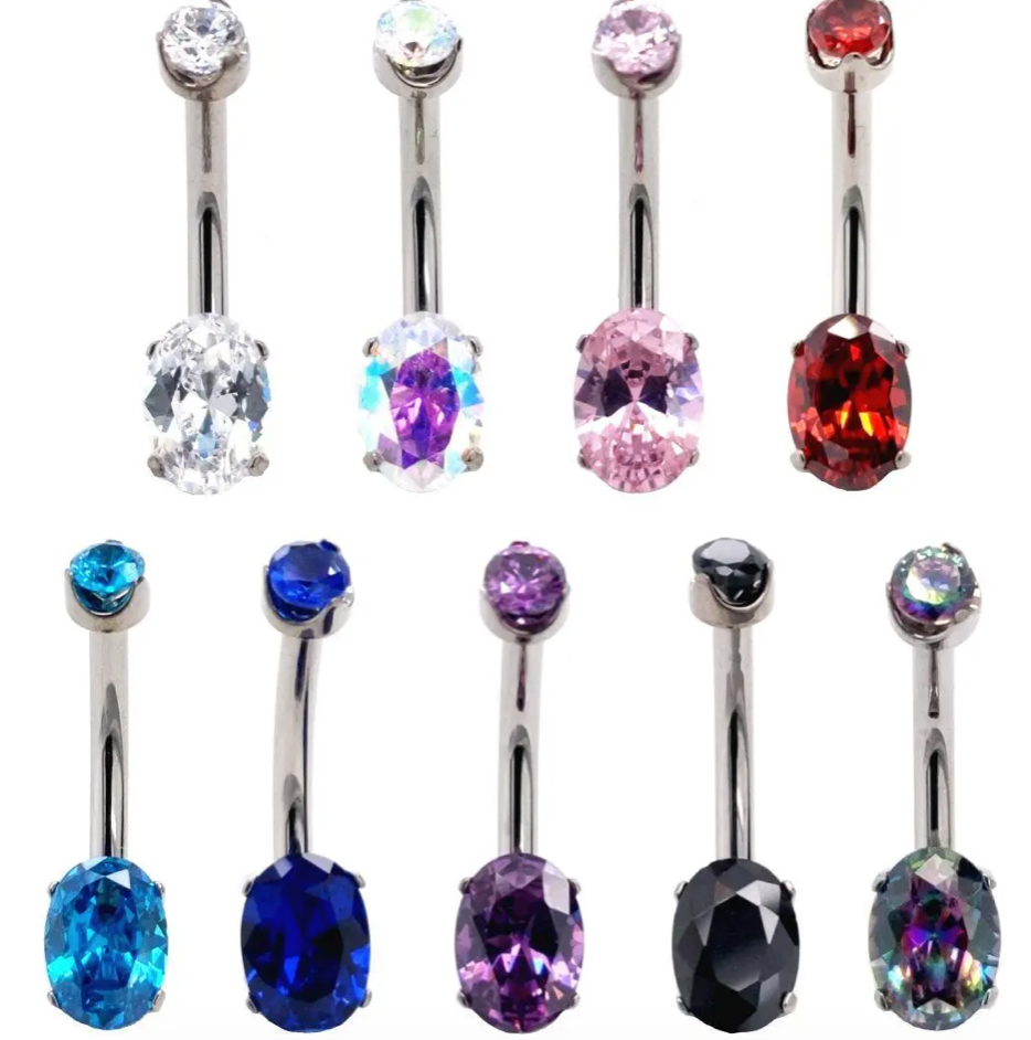 Prong-Set Oval Navel Curved Barbell - Aurora Borealis - 7/16''