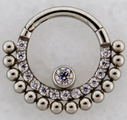 TITANIUM HINGED RING WITH PRONG SET CLEAR GEMS WITH BEADS (5/16") CLEAR