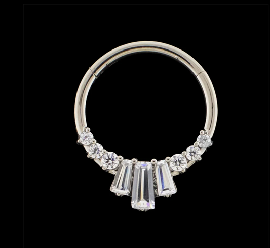 16G Titanium Hinged Ring w/ Prong Set Round and Tapered Baguette (5/16")